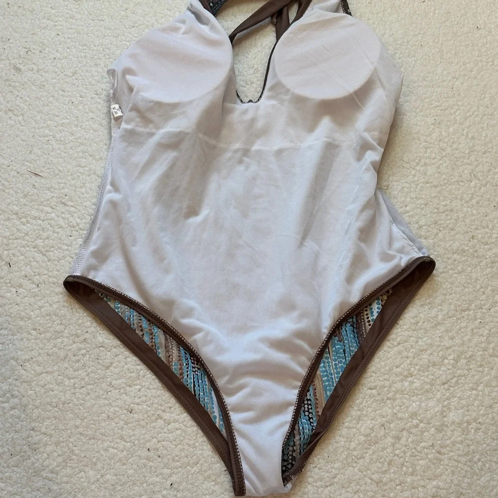 Unbranded Aqua Green abstract print one-piece swimsuit brown Trim Women’s Large